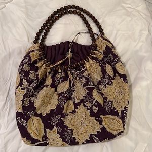 Unique Shoulder Bag: Purple/Gold Floral Shoulder Bag with Wooden Beaded Straps